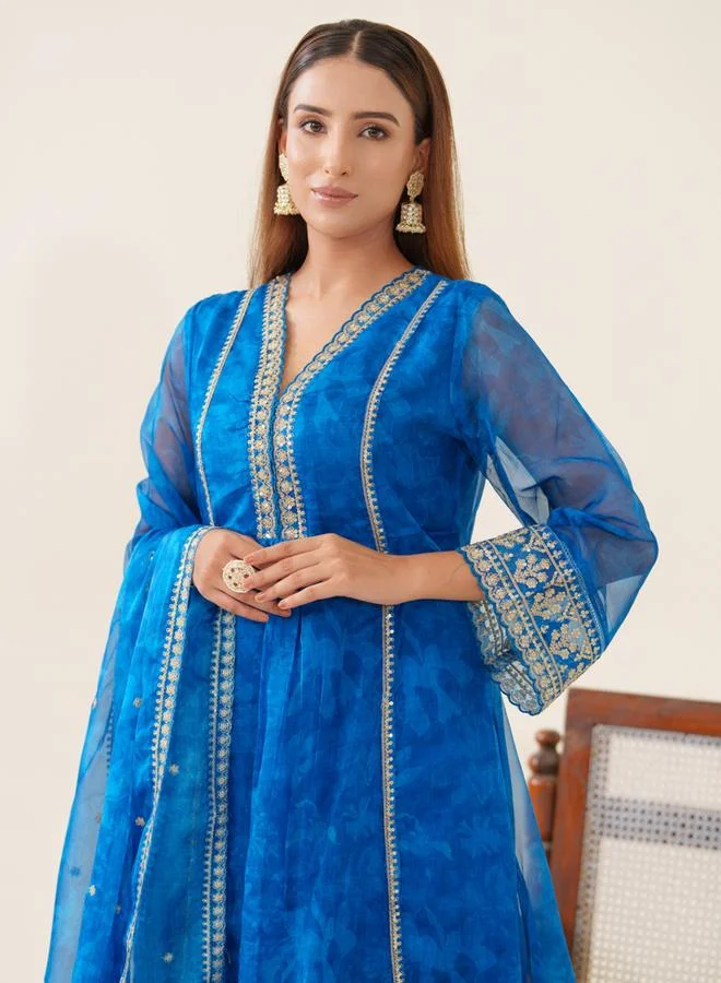 Dw  Women Floral Embroidered Organza Kurta with Trousers and Dupatta Set for Women | Best Price UAE